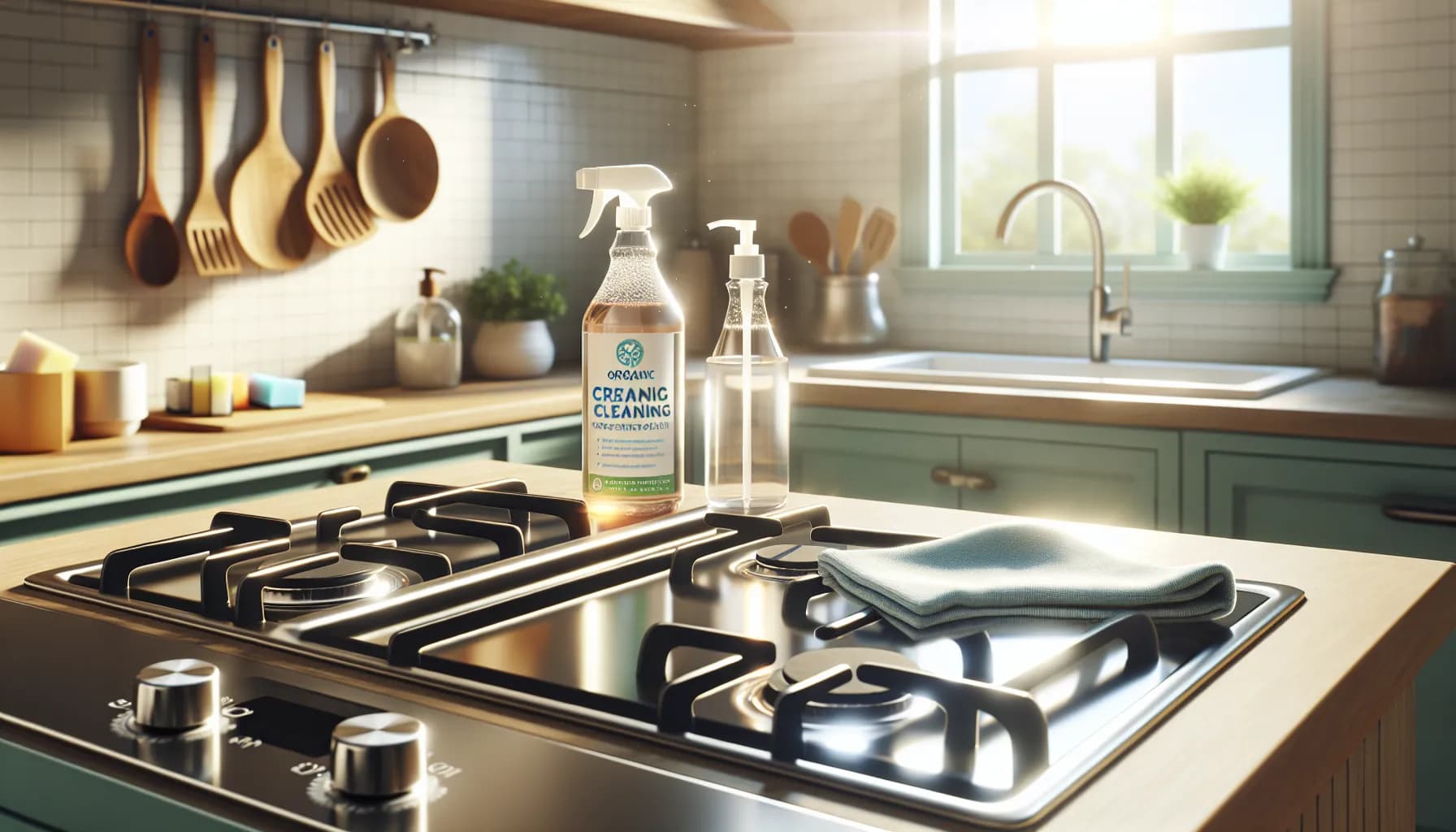 Sparkling clean stovetop with organic cleaner and cloth, sunlit kitchen backdrop. Illustrates importance of regular cleaning.