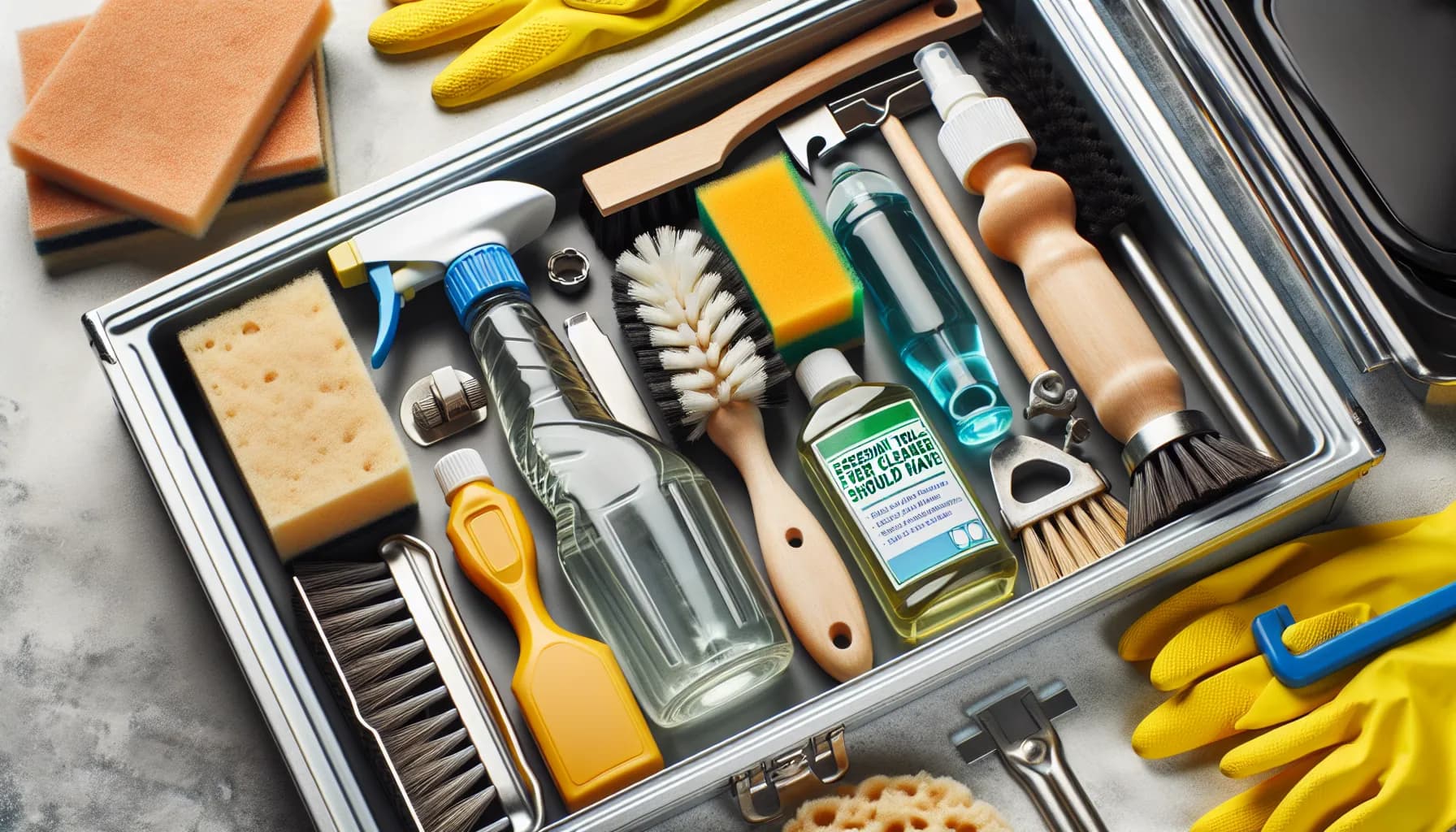 Scrubbing brush, gloves, natural solutions, scraper, sponge - essential tools for oven cleaning. Title: Essential Tools Every Oven Cleaner Should Have.