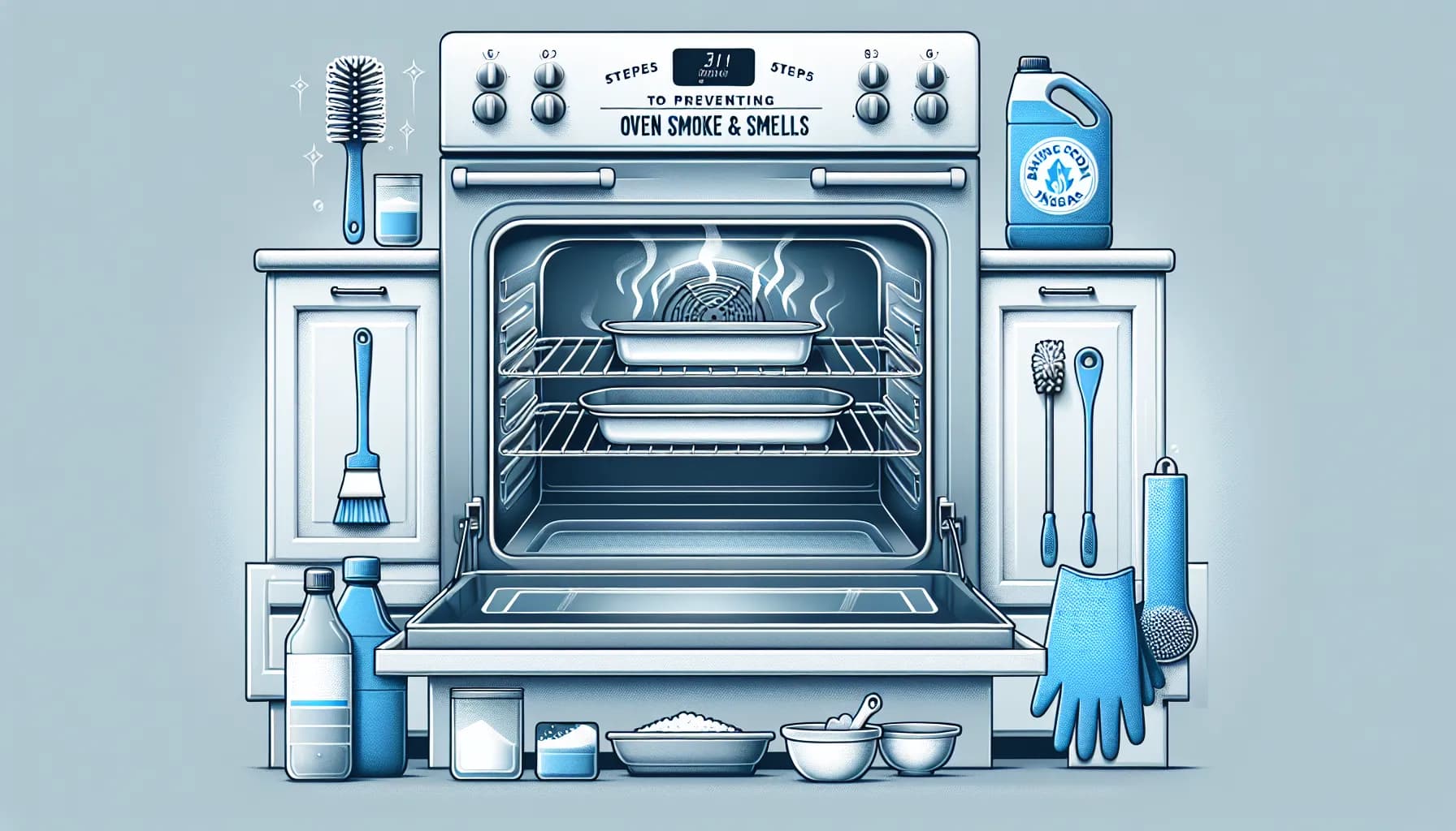 Clean oven with cleaning tools and text 'Preventing Oven Smoke and Smells'