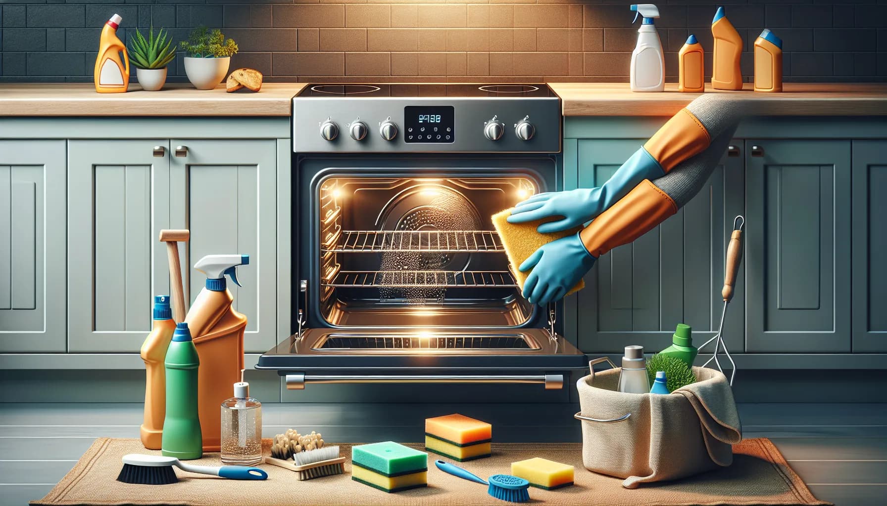 Oven cleaning with gloves wiping interior, cleaning supplies on kitchen counter.