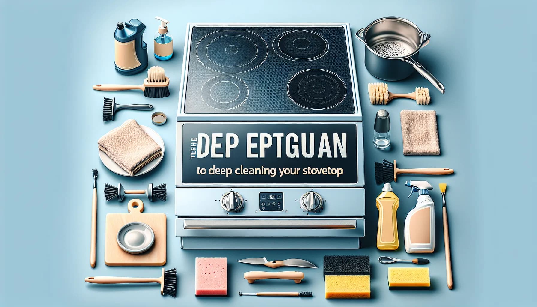 Shining stovetop with cleaning tools, representing expert deep cleaning for 'The Expert Guide to Deep Cleaning Your Stovetop'.