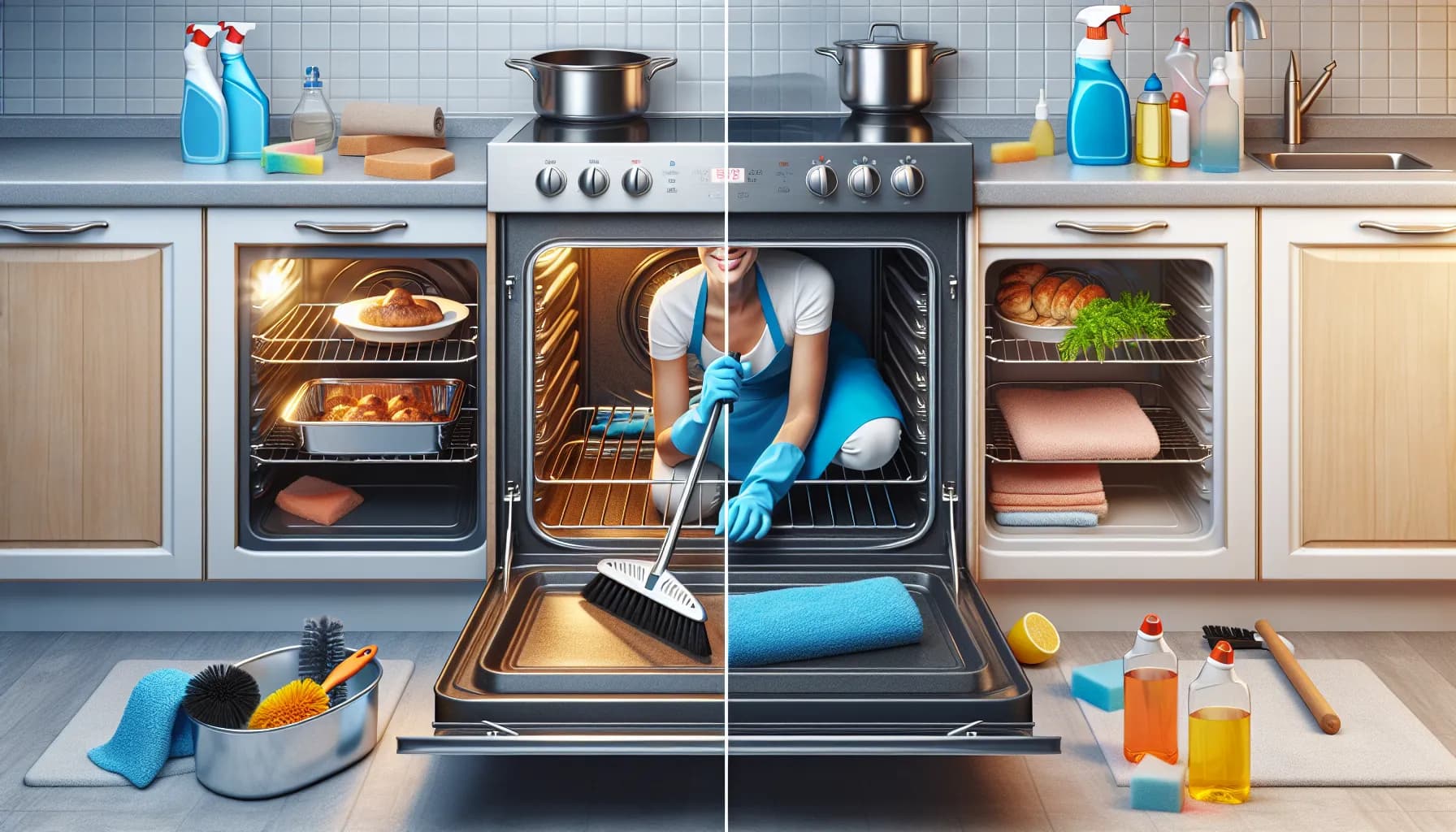 Sparkling oven interior with cleaning tools, showcasing effective maintenance steps for a spotless result.
