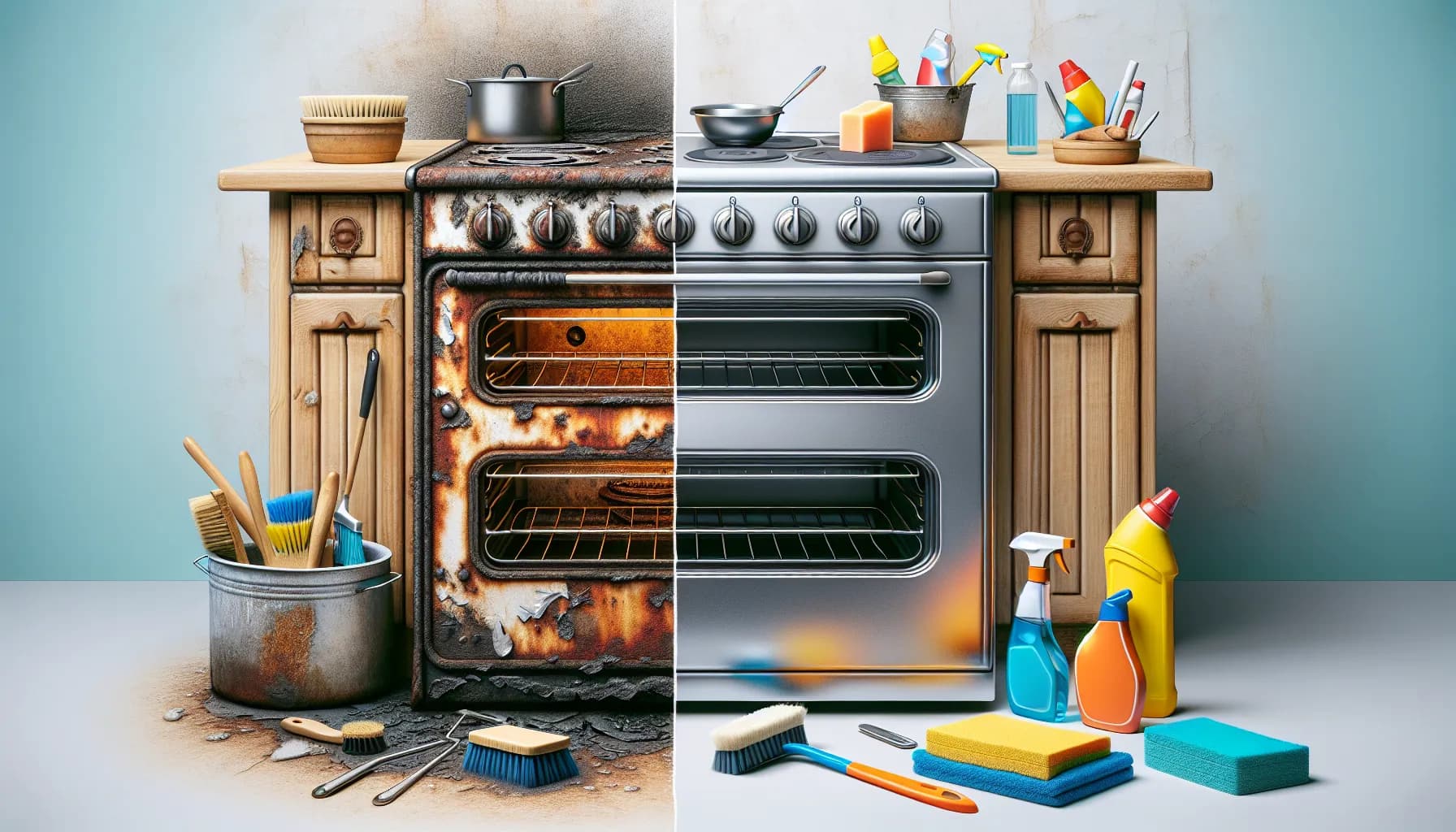 Before-and-after image of old oven restoration with cleaning tools, showcasing transformation from rusty to pristine condition.