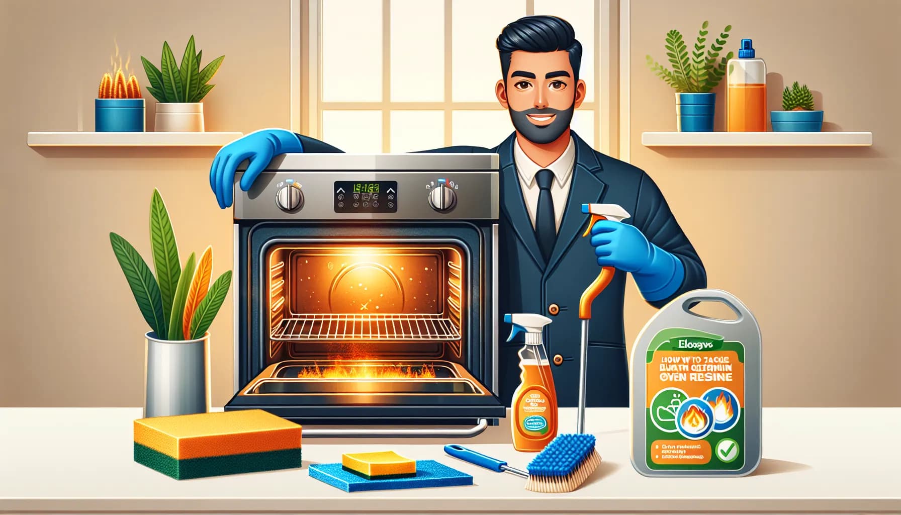 Clean modern oven with spotless interior, eco-friendly cleaning tools displayed, South Asian man demonstrating effective residue removal.