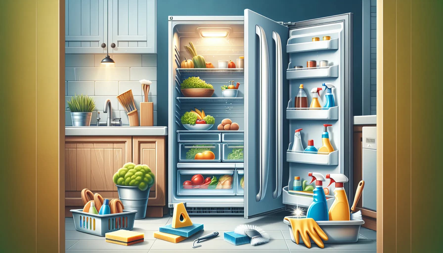 Open refrigerator filled with food items, ready for deep cleaning. Cleaning supplies nearby. Maintaining kitchen hygiene.