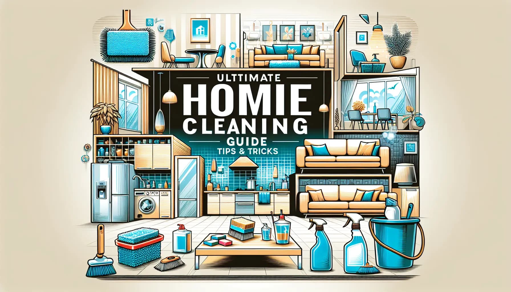 Immaculate modern home interior with sparkling living room, shiny kitchen, and glossy bathroom. Includes cleaning materials.