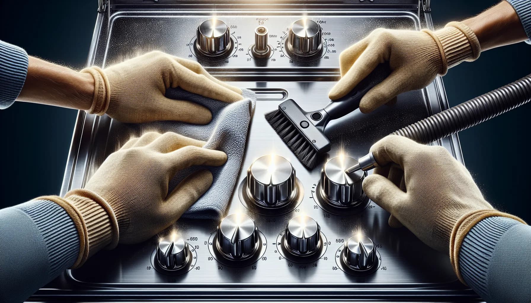 Close-up of sparkling oven knobs being cleaned with cloth, brush, and vacuum, illustrating secrets to cleaning under oven knobs.